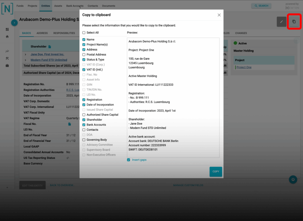 Screenshot of an entity overview in NEWTON with a pop-up window titled 'Copy to clipboard.' The window displays selectable checkboxes for specific information fields like name, address, VAT ID, and registration details, allowing users to choose which data to copy. A copy icon is highlighted in the top right.
