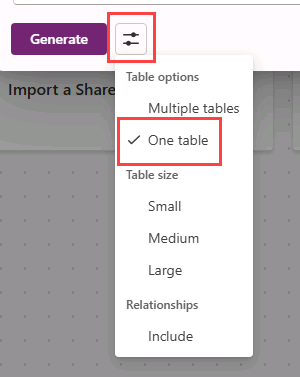 Capture d'écran des options de la table du copilote.