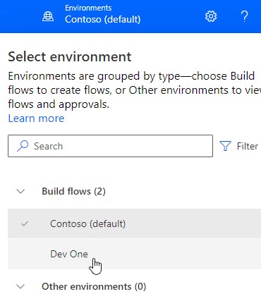 Sélecteur d’environnement dans Power Automate.