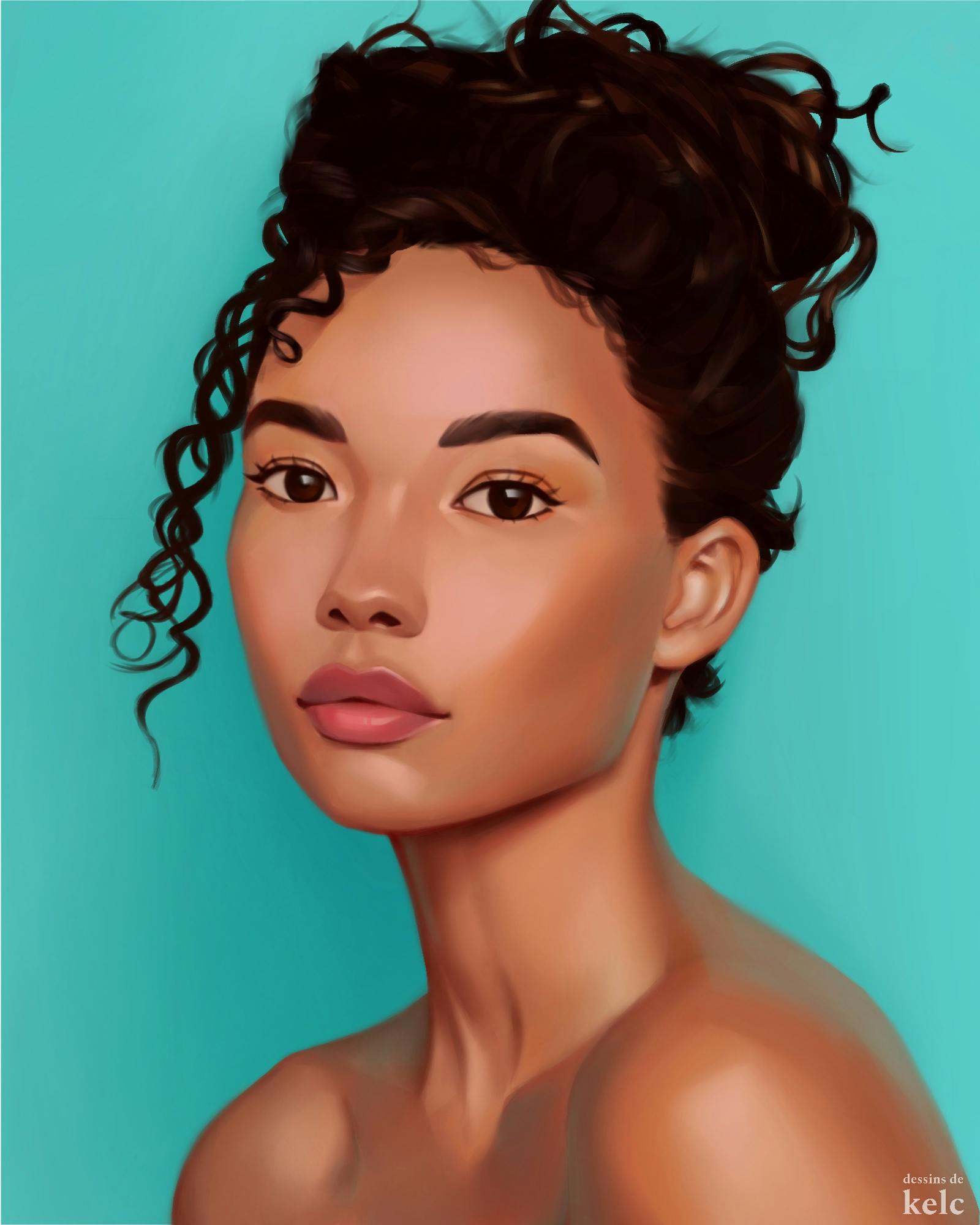 Digital painting of a light-skinned woman with curly hair in a bun
