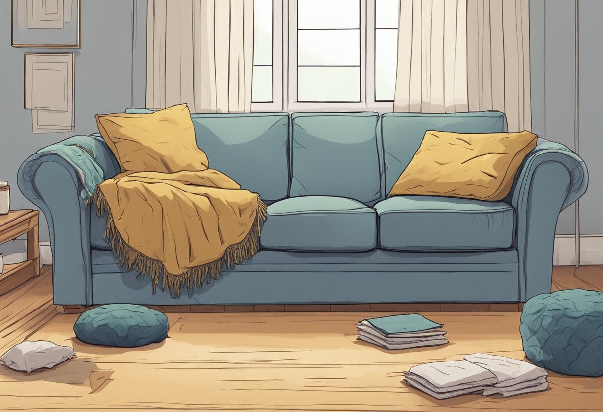 AI generated image which show a old sofa with cushions 