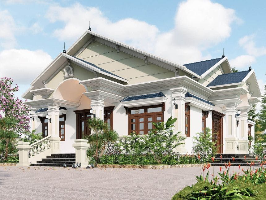 Ban ve thiet ke nha vuon 1 tang kieu Phap 3 phong ngu co gac lung dien tich 170m2 1.jpg