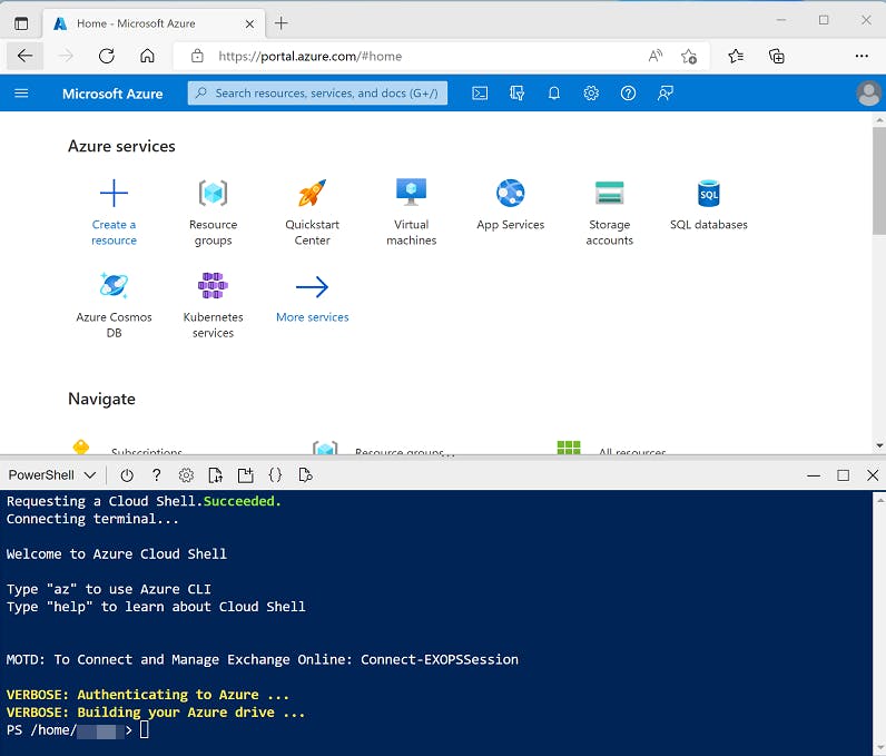 Azure portal with a cloud shell pane