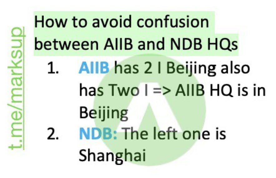 How to avoid confusion 
between AllB and NDB HQs 
E 
E 
1. 
2. 
has 2 1 Beijing also 
AllB 
has Two I AllB HQ is in 
Beijing 
NDB: The left one is 
Shanghai 