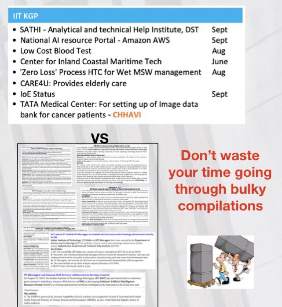 11T KGP 
• SATHI - Analytical and technical Help Institute, DST 
• National Al resource Portal - Amazon AWS 
• Low Cost Blood Test 
• Center for Inland Coastal Maritime Tech 
• 'Zero Loss' Process HTC for Wet MSW management 
• CARE4U: Provides elderly care 
• loE Status 
• TATA Medical Center. For setting up of Image data 
bank for cancer patients • CHHAVI 
Sept 
June 
Aug 
Don't waste 
your time going 
through bulky 
compilations 