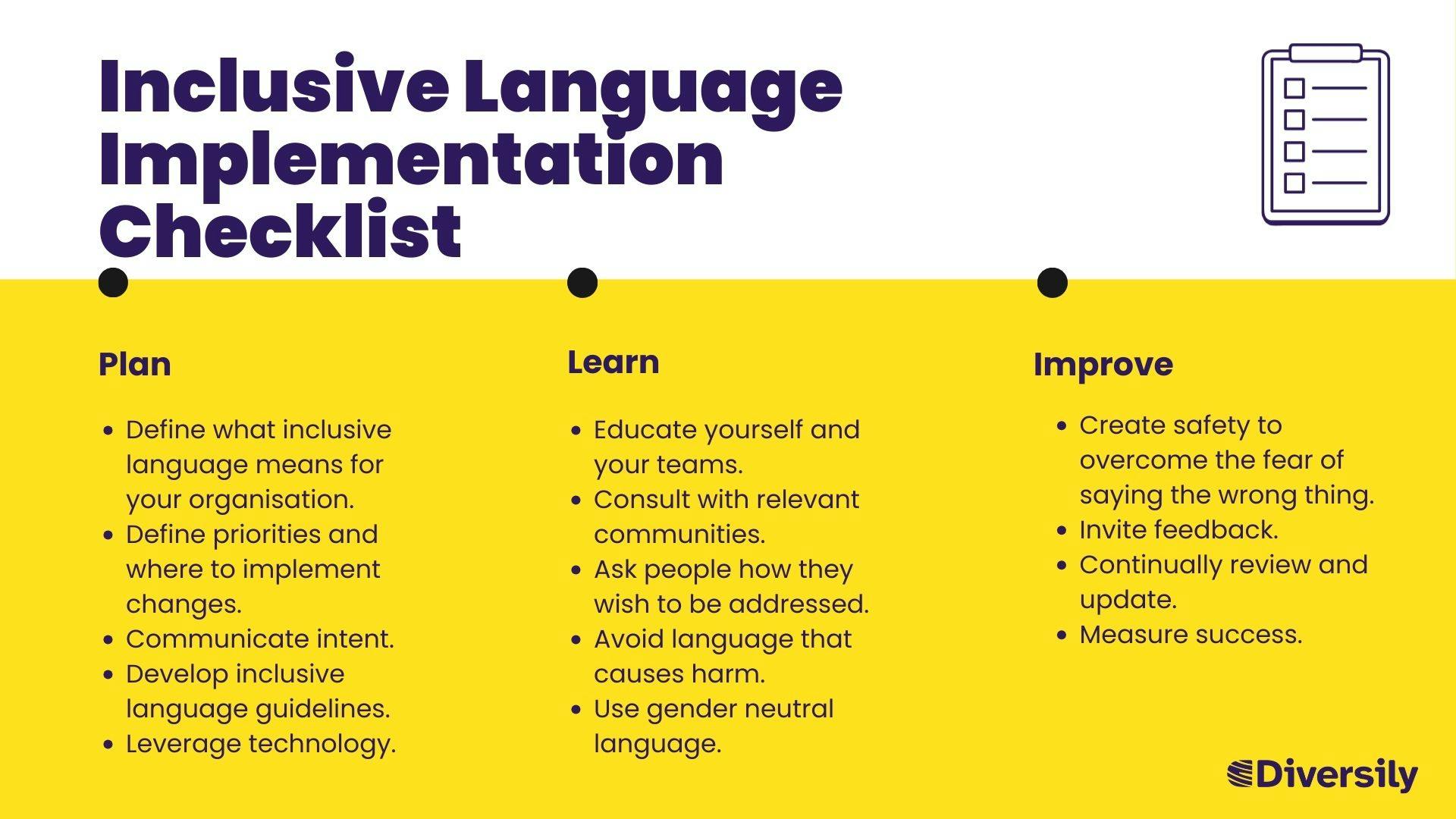 Inclusive language checklist that summarises the key points in the list below. 