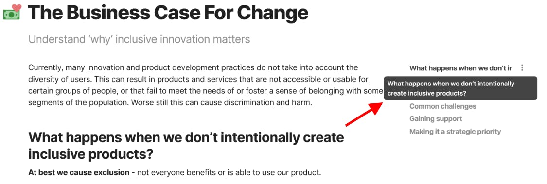 Screenshot of the top of The Business Case for Change page with a red arrow on the right pointing to a fully displaying section title in the sidebar