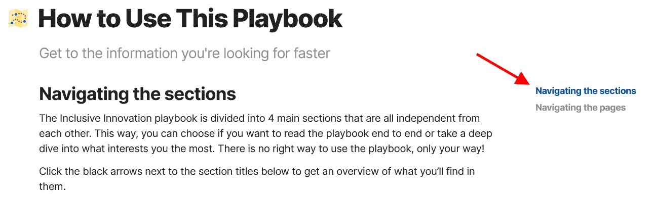 Screenshot of the top of the How to Use This Playbook page with a red arrow on the right pointing toward the sidebar