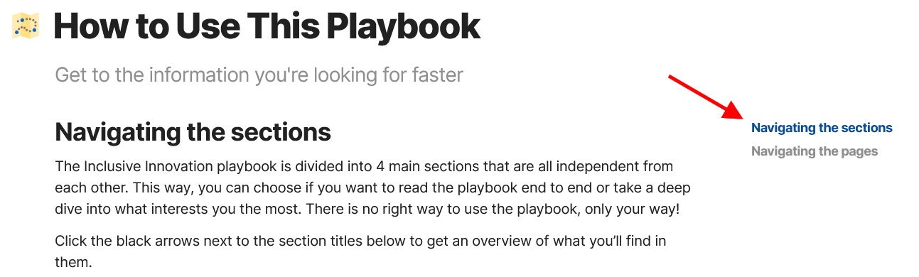 Screenshot of the top of the How to Use This Playbook page with a red arrow on the right pointing toward the sidebar