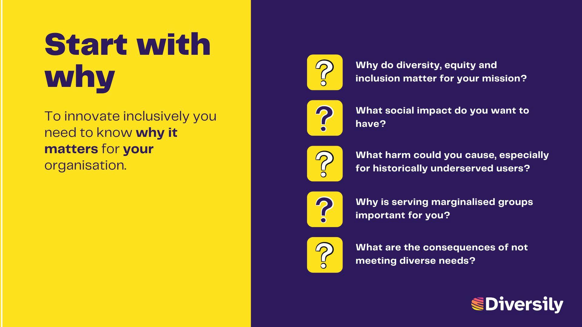 Start with why.  Why do DE&I matter for your mission? What social impact do you want to have? What harm could you cause? Why is serving marginalised groups important for you? What are the consequences of not meeting diverse needs? 