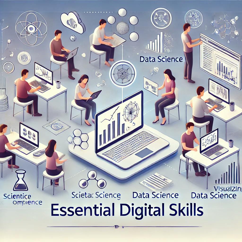 DALL·E 2024-10-22 10.13.17 - An illustration showcasing essential digital skills, focusing on scientific computing, data science, and visualizing graphs. The image should include .webp