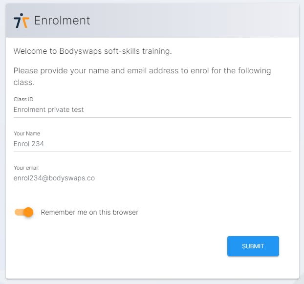 Screen capture of enrolment screen in Bodyswaps Go