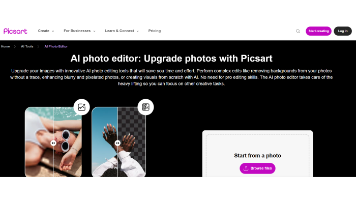 A screenshot of the webpage of the AI image editor by Picsart.