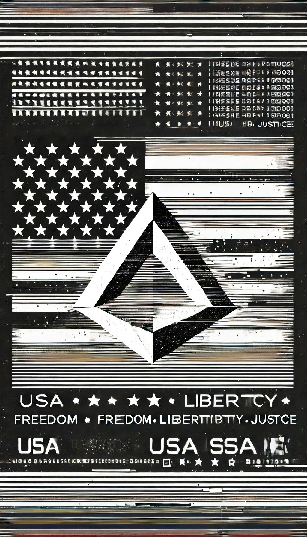 DALL·E 2024-06-18 08.50.16 - Create a very simple and elegant glitch art style image with a USA patriotic theme in black and white, featuring a clear 3D tetrahedron. Focus on the .webp