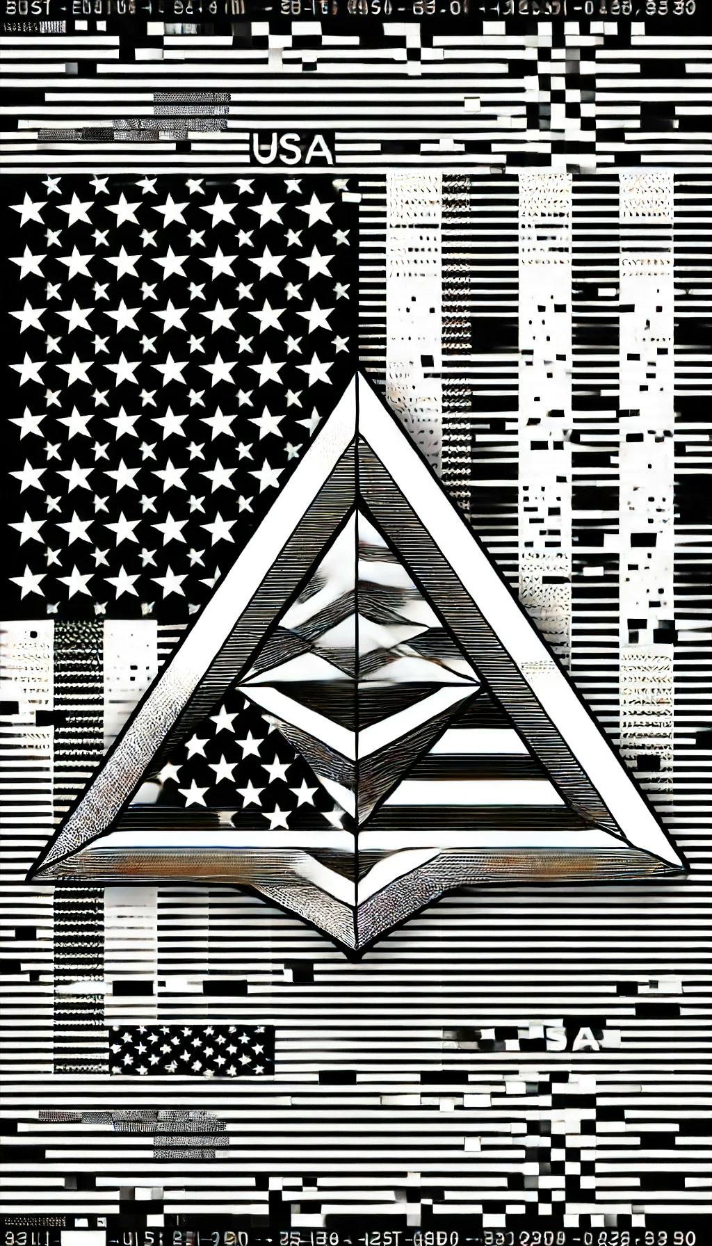 DALL·E 2024-06-18 08.53.08 - Create an extremely simple and elegant glitch art style image with a USA patriotic theme in black and white, featuring a clear 3D tetrahedron. Focus o.webp