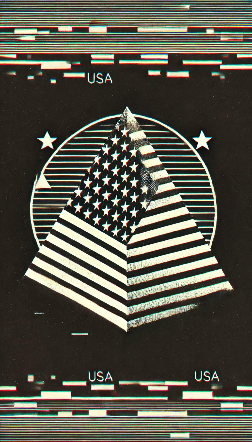 DALL·E 2024-06-18 08.54.09 - Create an extremely simple and elegant glitch art style image with a USA patriotic theme in black and white, featuring a clear 3D tetrahedron. Focus o.webp
