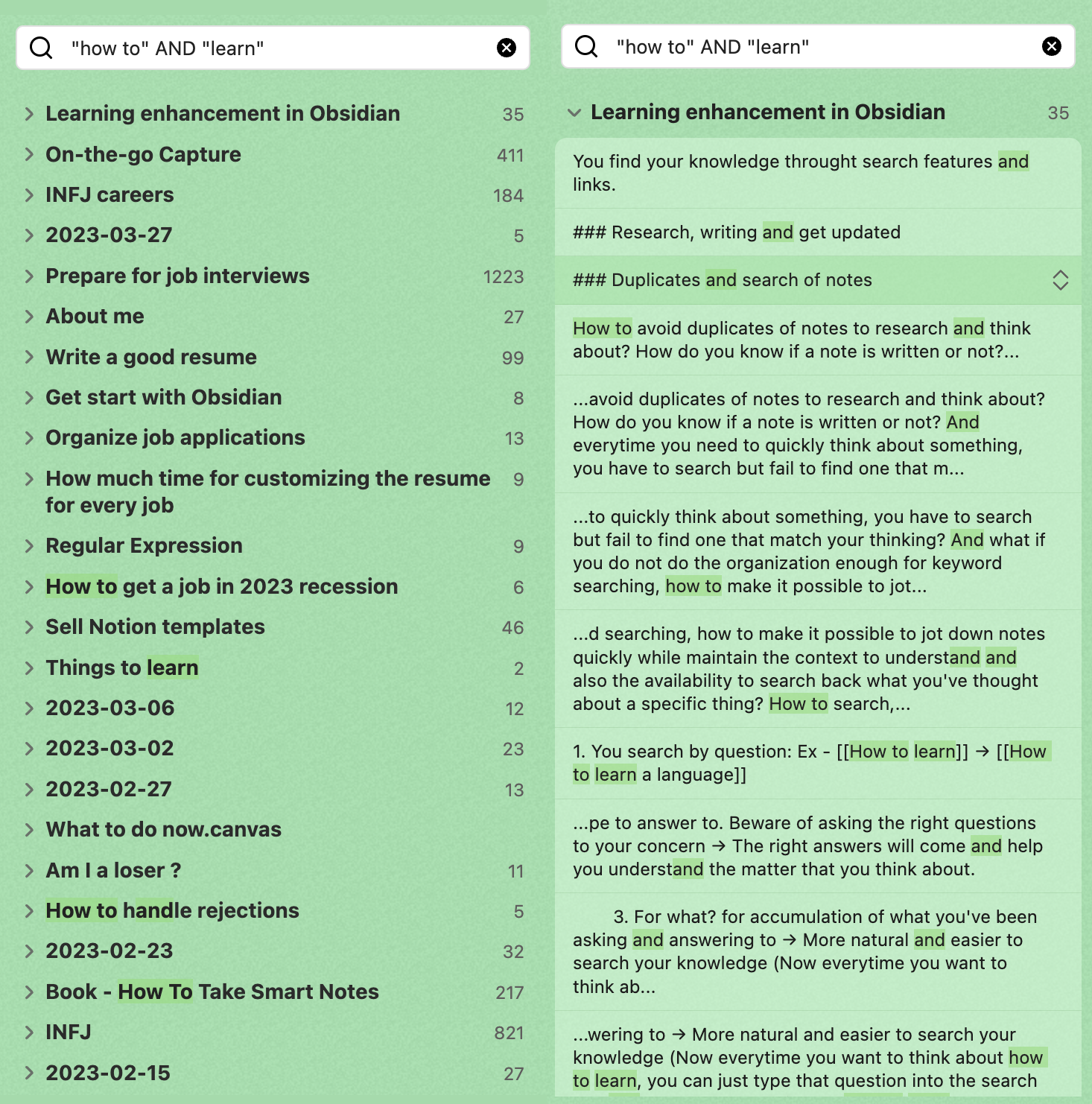 Example of the normal search in Obsidian that create a lot of trash