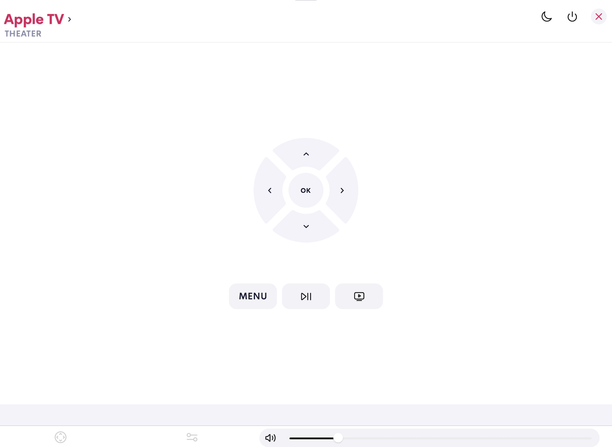 Image of a control touchscreen on the Apple TV selection. In the center of the screen are directional arrows with an OK button in the center, and 3 buttons for Menu, a Play/Pause icon, and a TV icon. Near the bottom of the screen is a volume slider.