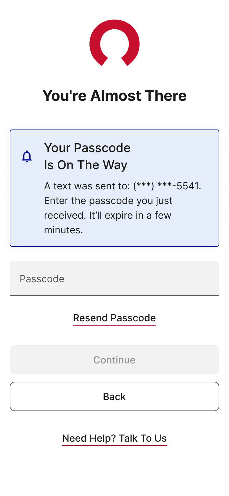 Mobile page, passcode entry screen with an informational alert displaying how the code was sent and who it was sent to. Options to resend a passcode, go back, or get help.