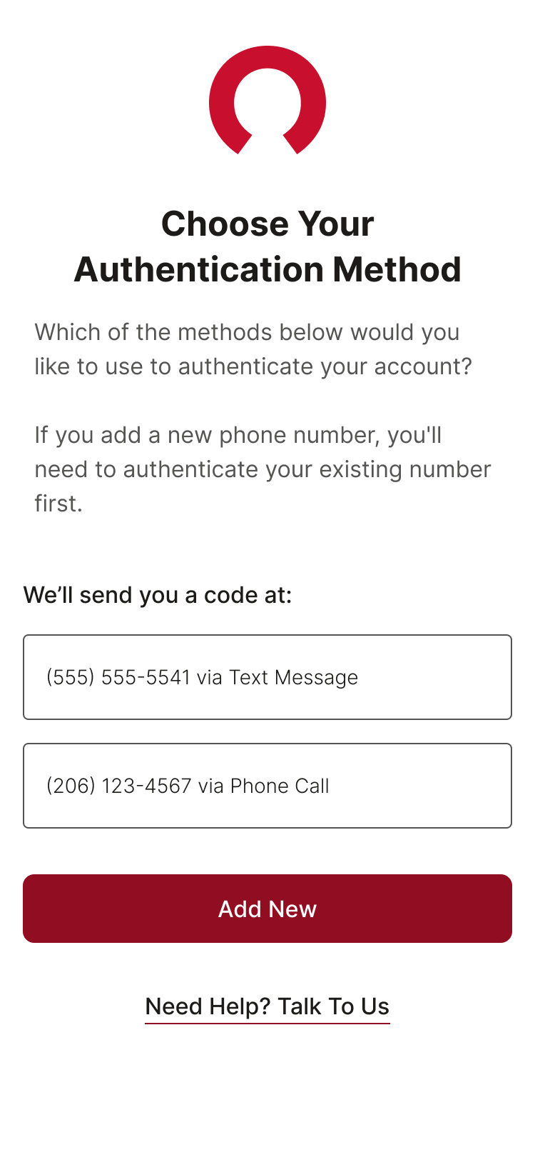 Mobile page where clients with multiple authentication methods can choose which one to use. Option to add a new authentication method or get help.