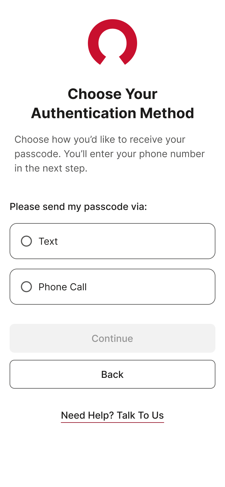 Mobile page where clients are asked to choose how they'd like to receive passcodes (via text or phone call). Options to go back or get help 