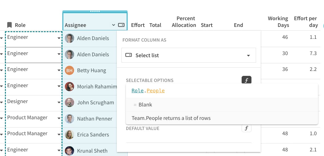 setting up the assignee column using the people column format in Coda