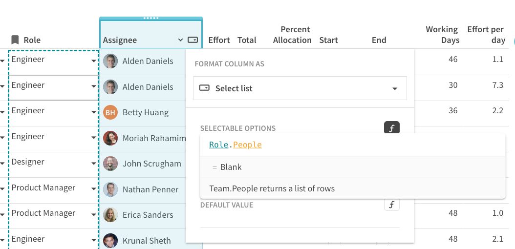 setting up the assignee column using the people column format in Coda