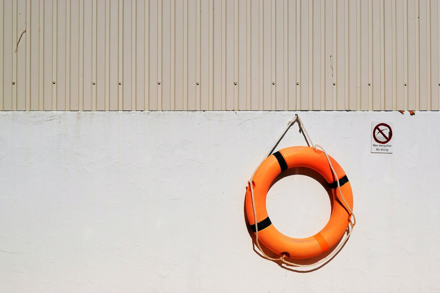Un salvavidas cuelga de un clavo en la pared de lo que podría ser una piscina. El salvavidas representa la seguridad psicológica. 