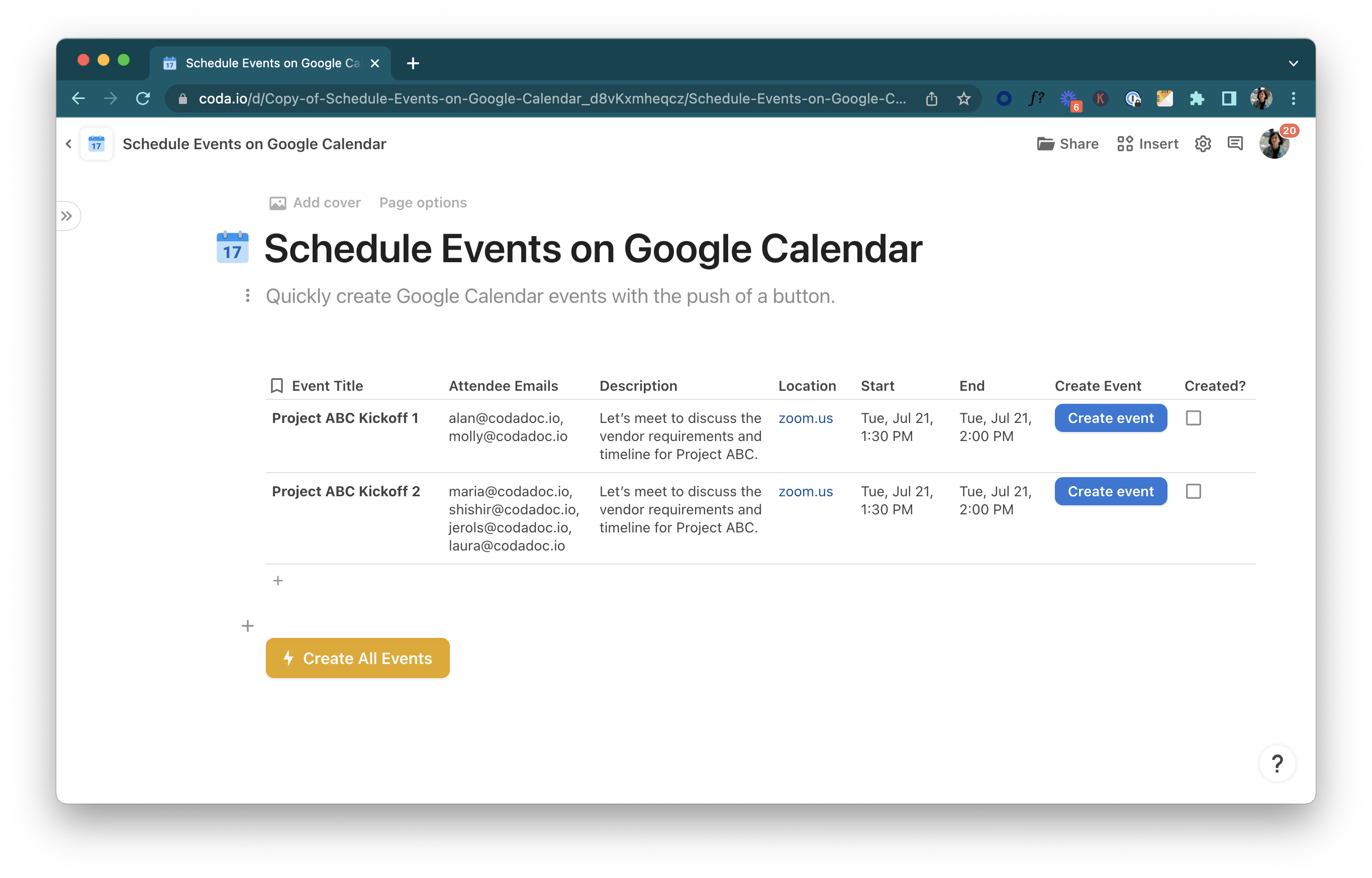 Example of Coda's free meeting scheduling template - add events to your Google Calendar and surface all meeting details
